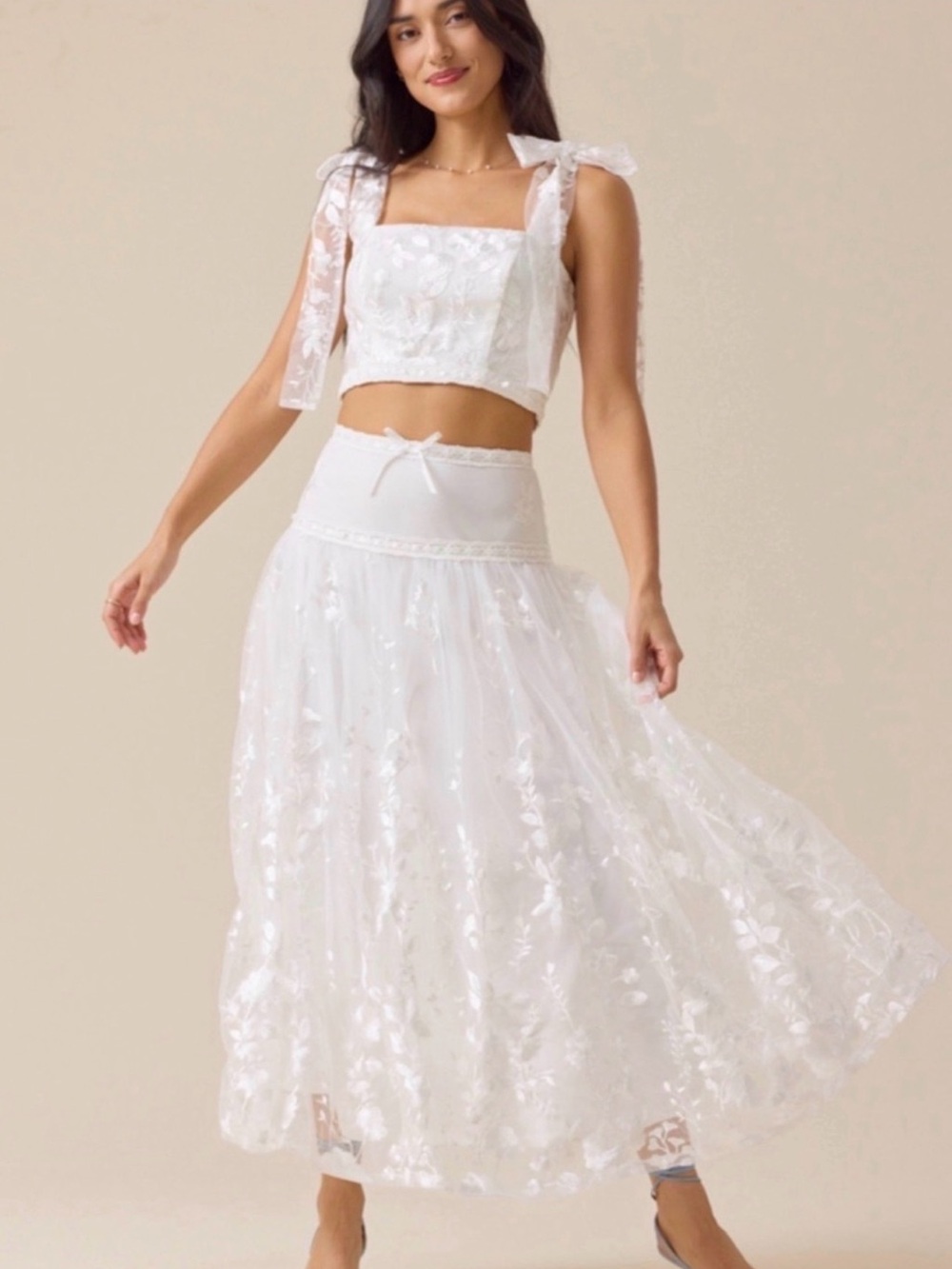 Altar'd State White Floral Lace Crop Top & Maxi Skirt Set